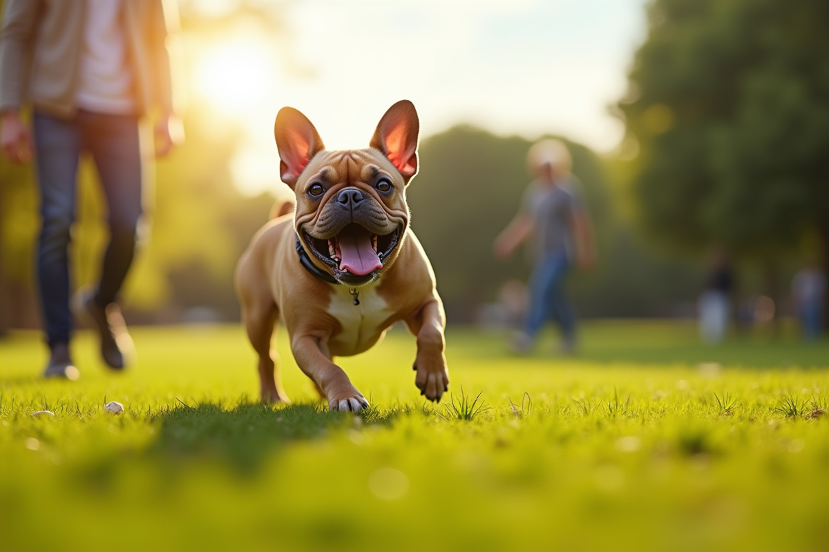 Bouledogue français courant dans un parc ensoleille