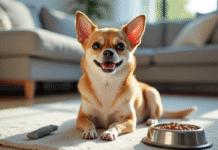 Chihuahua souriant dans un salon moderne avec accessoires de toilettage