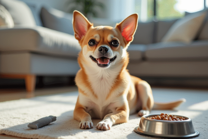 Chihuahua souriant dans un salon moderne avec accessoires de toilettage