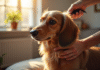 Kaninchen Dachshund being brushed in bright living room