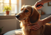 Kaninchen Dachshund being brushed in bright living room