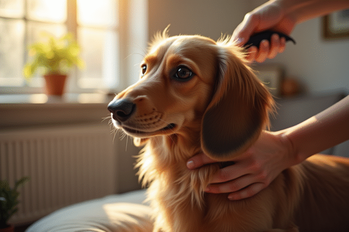 Kaninchen Dachshund being brushed in bright living room