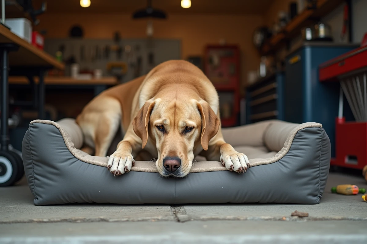 Grand chien destructeur qui mâche le bord d'un panier robuste en plastique épais dans un garage