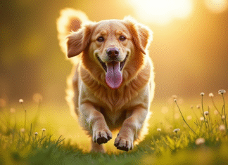 Golden retriever courant dans un champ ensoleille