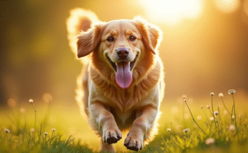 Astuces : comment rendre un golden retriever ou un labrador heureux ? Golden retriever courant dans un champ ensoleille