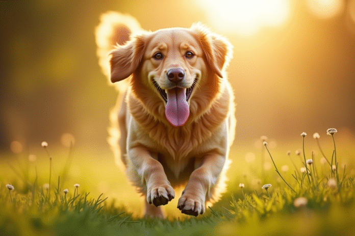 Golden retriever courant dans un champ ensoleille
