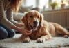 Golden retriever heureux sur tapis de salon en famille