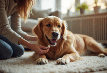 Golden retriever heureux sur tapis de salon en famille