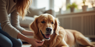 Golden retriever heureux sur tapis de salon en famille