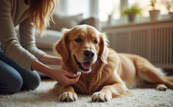 Antihistaminique pour chien : quel choisir pour soulager les allergies ? Golden retriever heureux sur tapis de salon en famille