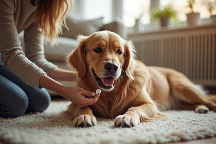 Golden retriever heureux sur tapis de salon en famille