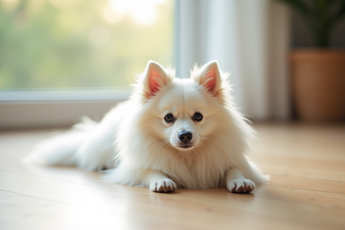 Spitz japonais allongé près d