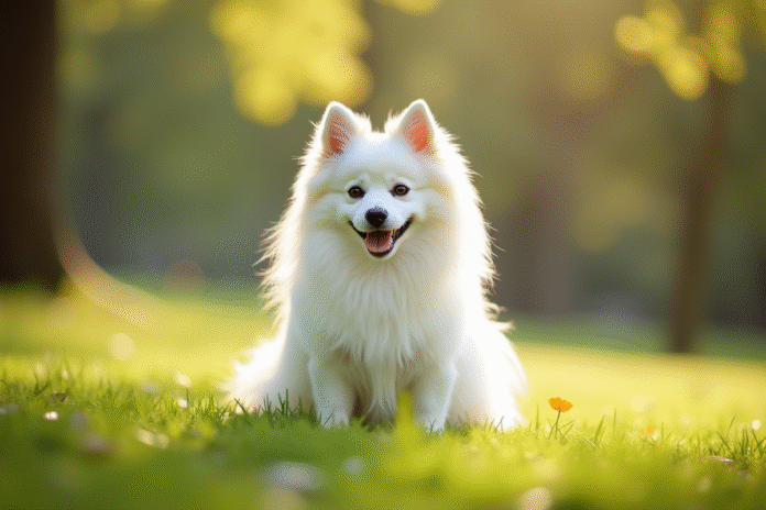 Spitz japonais assis dans un parc ensoleille