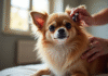Chihuahua à poil long brossé par son propriétaire à l'intérieur