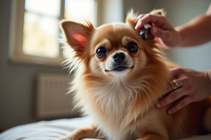Chihuahua à poil long brossé par son propriétaire à l'intérieur