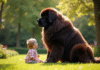 Grand chien Newfoundland avec un enfant dans un jardin ensoleille