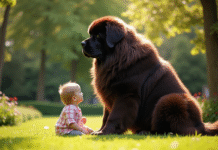 Grand chien Newfoundland avec un enfant dans un jardin ensoleille