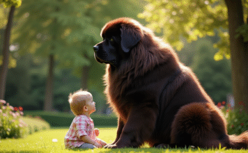 Tout savoir sur la taille du Terre-Neuve : un géant au grand cœur Grand chien Newfoundland avec un enfant dans un jardin ensoleille