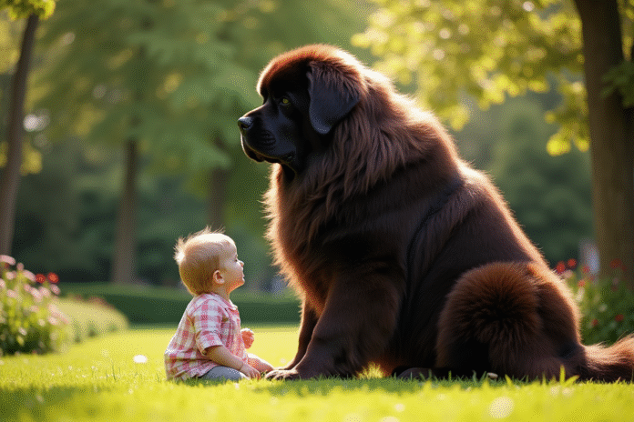 Grand chien Newfoundland avec un enfant dans un jardin ensoleille