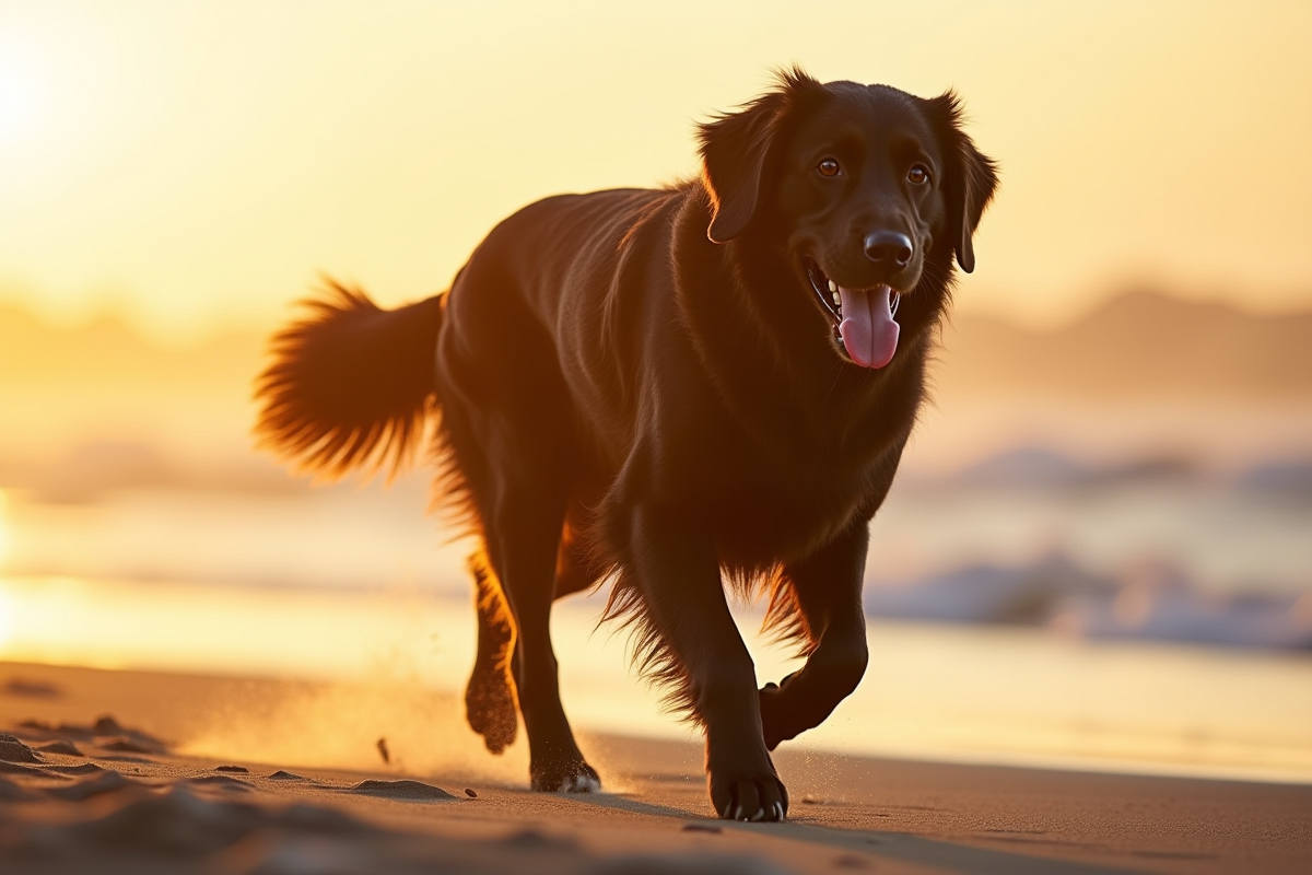 Retriver noir courant sur la plage au coucher du soleil avec mouvement