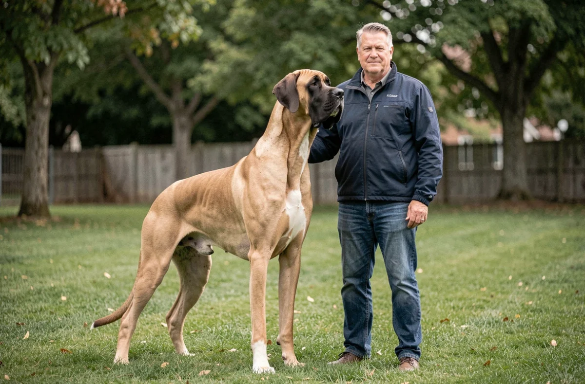 Un dogue allemand géant se tenant debout aux côtés de son maître dans un parc, illustrant la taille impressionnante du plus grand chien du monde