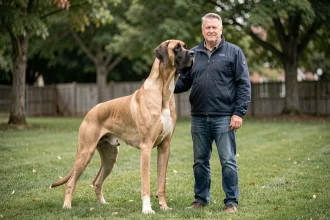 Un dogue allemand géant se tenant debout aux côtés de son maître dans un parc, illustrant la taille impressionnante du plus grand chien du monde