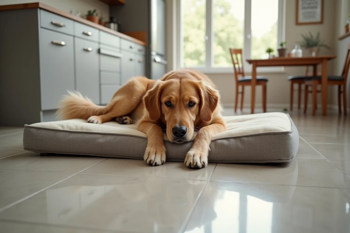 Grand retriever allongé sur un lit dans la cuisine