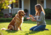 Golden retriever assis dans le jardin avec une femme