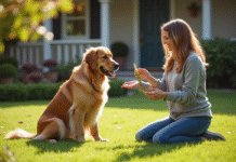 Golden retriever assis dans le jardin avec une femme