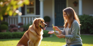 Golden retriever assis dans le jardin avec une femme