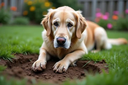 Chien retriever âgé dans un jardin paisible