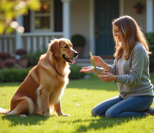 Golden retriever assis dans le jardin avec une femme