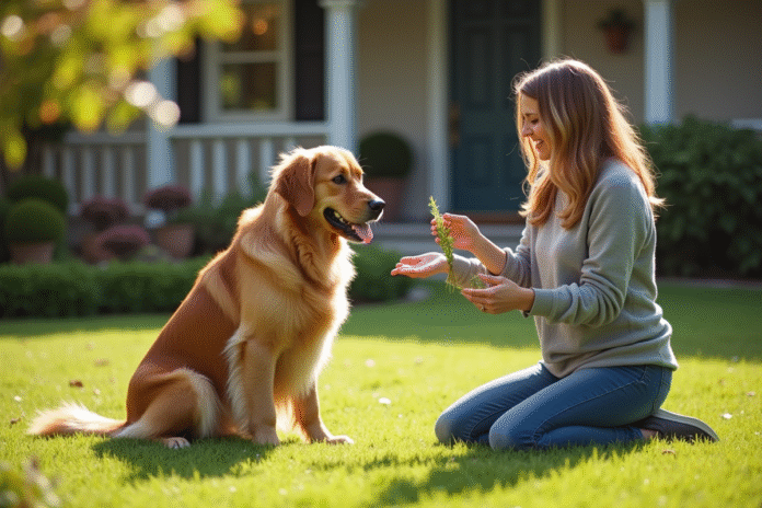 Golden retriever assis dans le jardin avec une femme