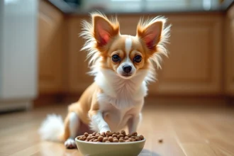 Chihuahua Papillon assis devant sa gamelle de croquettes sur un parquet en chêne dans une cuisine familiale