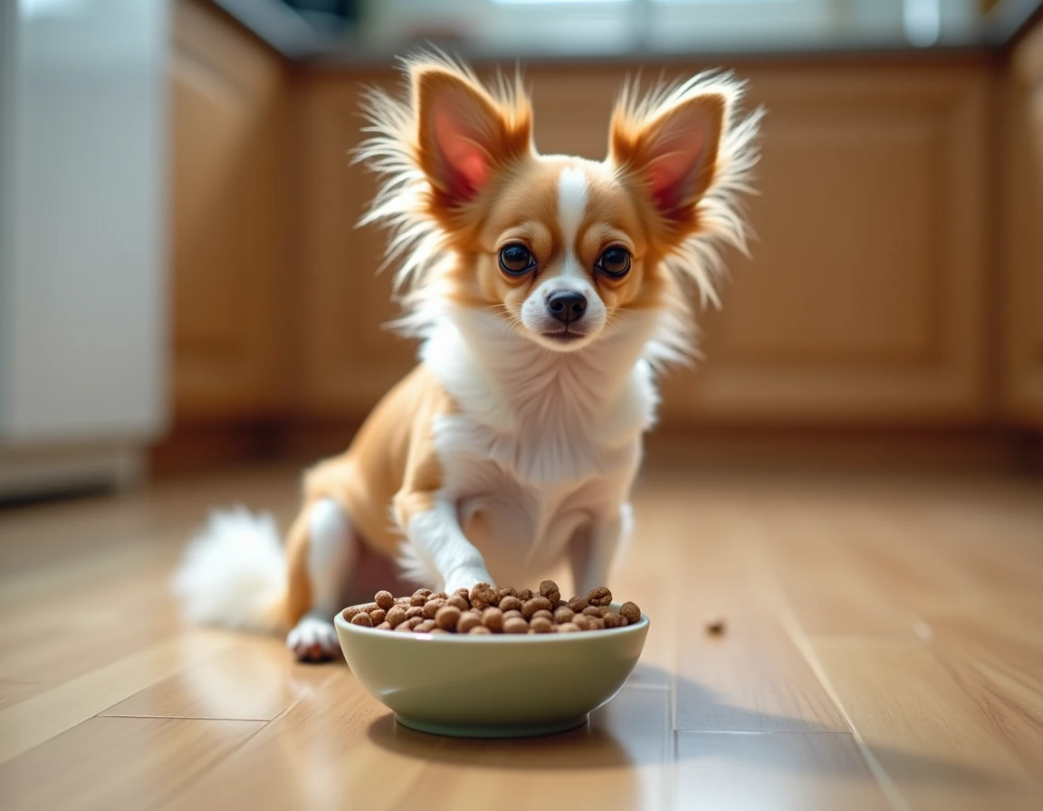 Chihuahua Papillon assis devant sa gamelle de croquettes sur un parquet en chêne dans une cuisine familiale