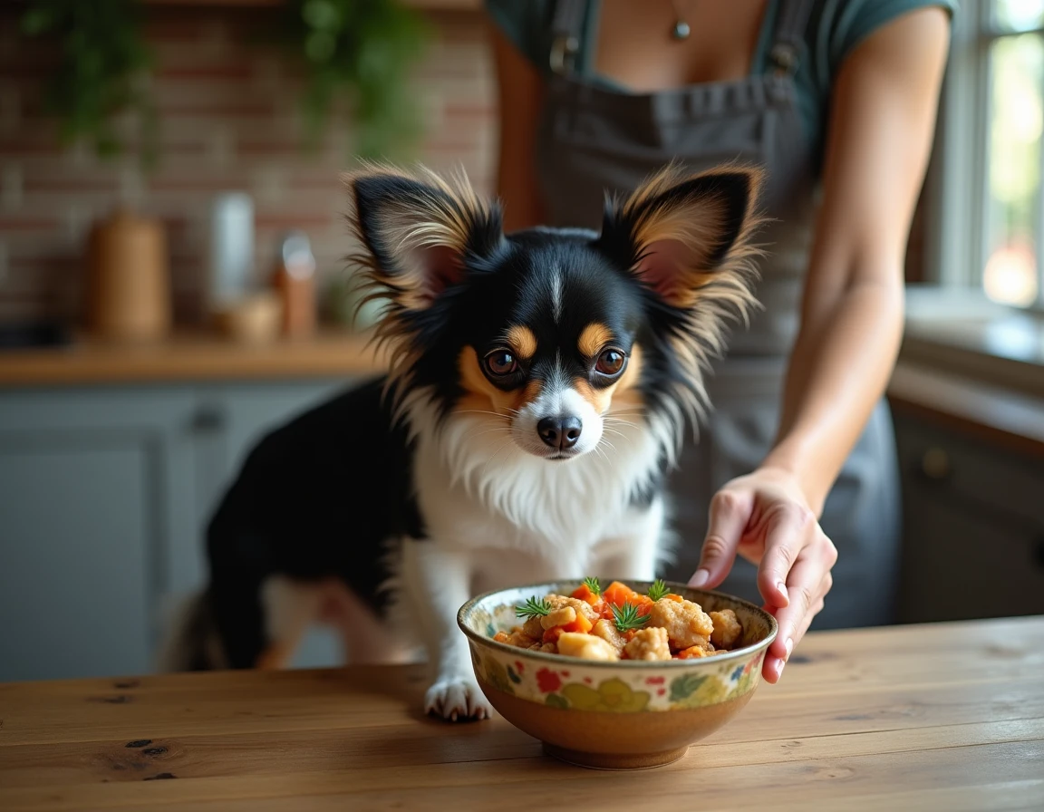 Chihuahua Papillon observant une ration maison à base de poulet et légumes préparée par une femme dans une cuisine rustique