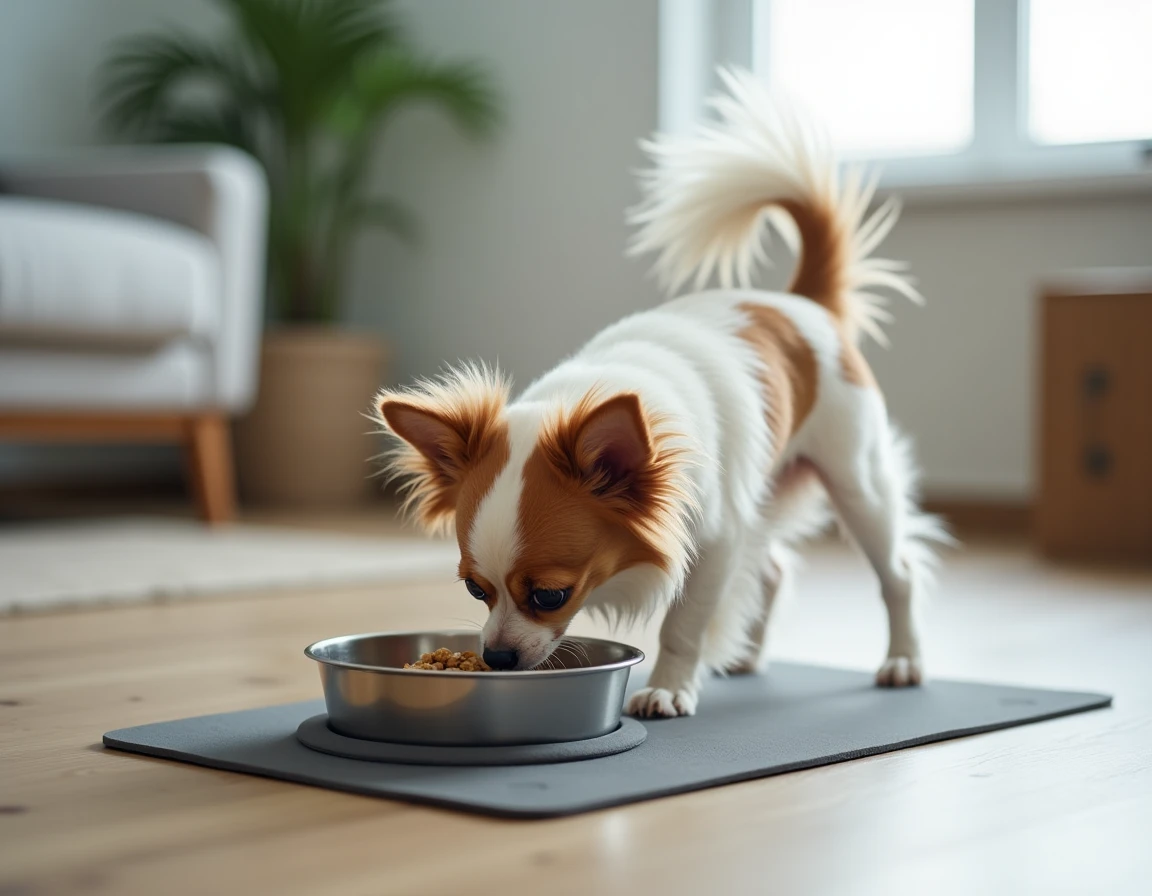 Chihuahua Papillon en train de manger dans une gamelle en inox sur un tapis antidérapant dans un appartement moderne