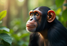 Chimpanzé pensif dans la forêt verte ensoleillée