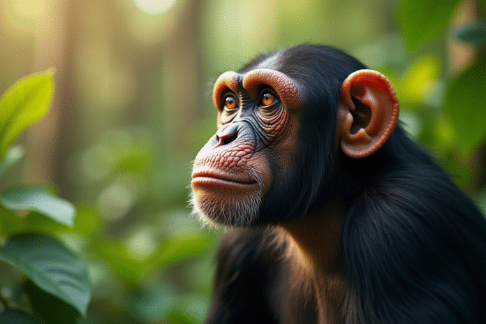 Chimpanzé pensif dans la forêt verte ensoleillée