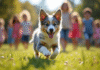 Chiot Australian Shepherd bleu merle jouant avec des enfants