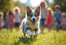 Chiot Australian Shepherd bleu merle jouant avec des enfants