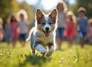 Comment bien socialiser un Berger Australien bleu merle ? Chiot Australian Shepherd bleu merle jouant avec des enfants