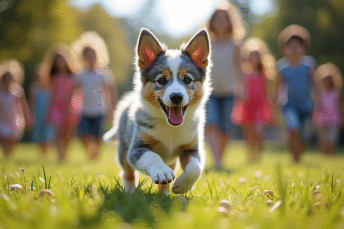 Chiot Australian Shepherd bleu merle jouant avec des enfants