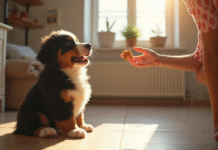 Chiot bouledogue souriant dans la maison avec un maître