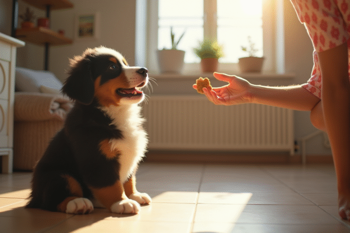 Chiot bouledogue souriant dans la maison avec un maître