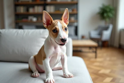 Chiot bull terrier blanc assis sur un canapé gris dans un appartement moderne, regard curieux et attentif