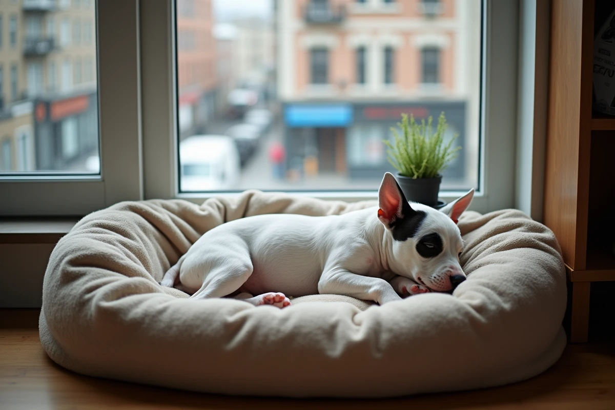 Chiot bull terrier endormi sur son coussin près d'une fenêtre dans une chambre d'appartement en ville