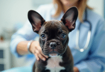 Chiot bulldog francais examine par un veterinaire dans une clinique lumineuse
