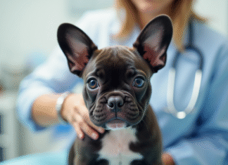 Chiot bulldog francais examine par un veterinaire dans une clinique lumineuse