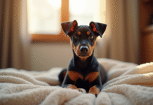 Chiot Doberman assis sur une couverture intérieure